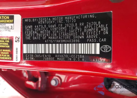 2021 Toyota Camry Se z USA, uszkodzony, nr VIN 4T1G11AK8MU403896